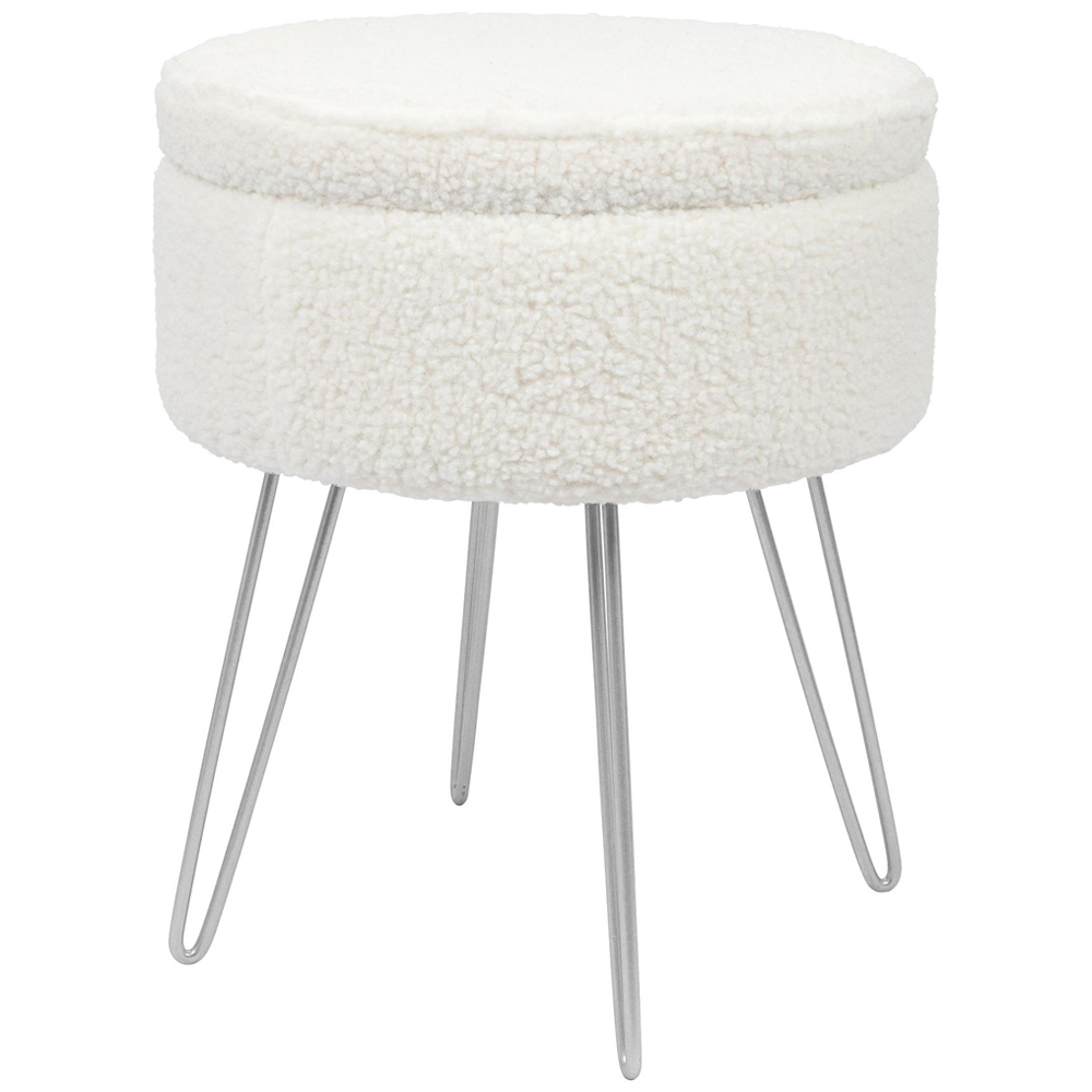 Harbour Housewares Cream and Silver Boucle Round Footstool with Storage Image 2