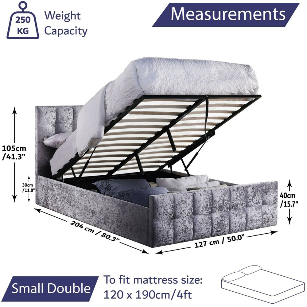 Home Treats Small Double Grey Crushed Velvet Ottoman Storage Bed with Mattress Image 9