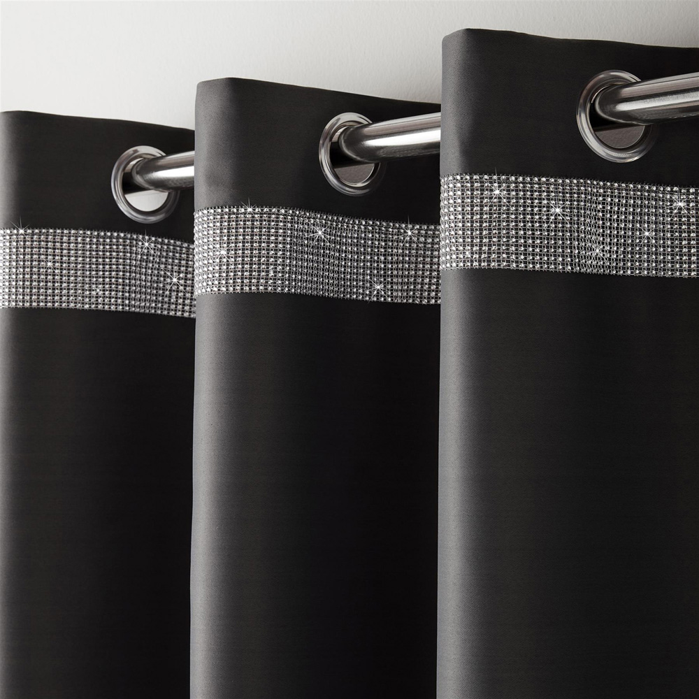 Alan Symonds Palace Charcoal Plain Thermal Ring Top Eyelet Curtains with Diamante Band 167 x 137cm Image 2
