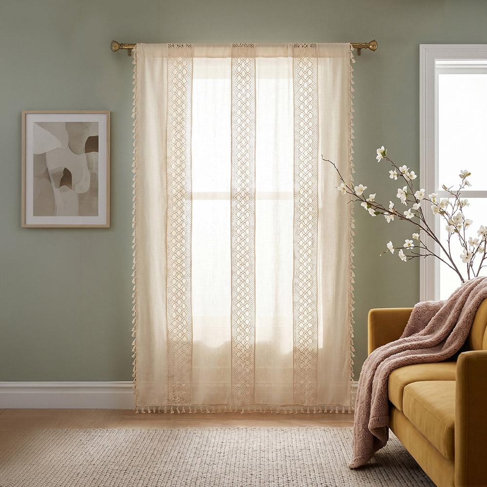 Living and Home Beige Bohemian Semi Sheer Diamond Pattern Curtain 300 x 150cm Image 7