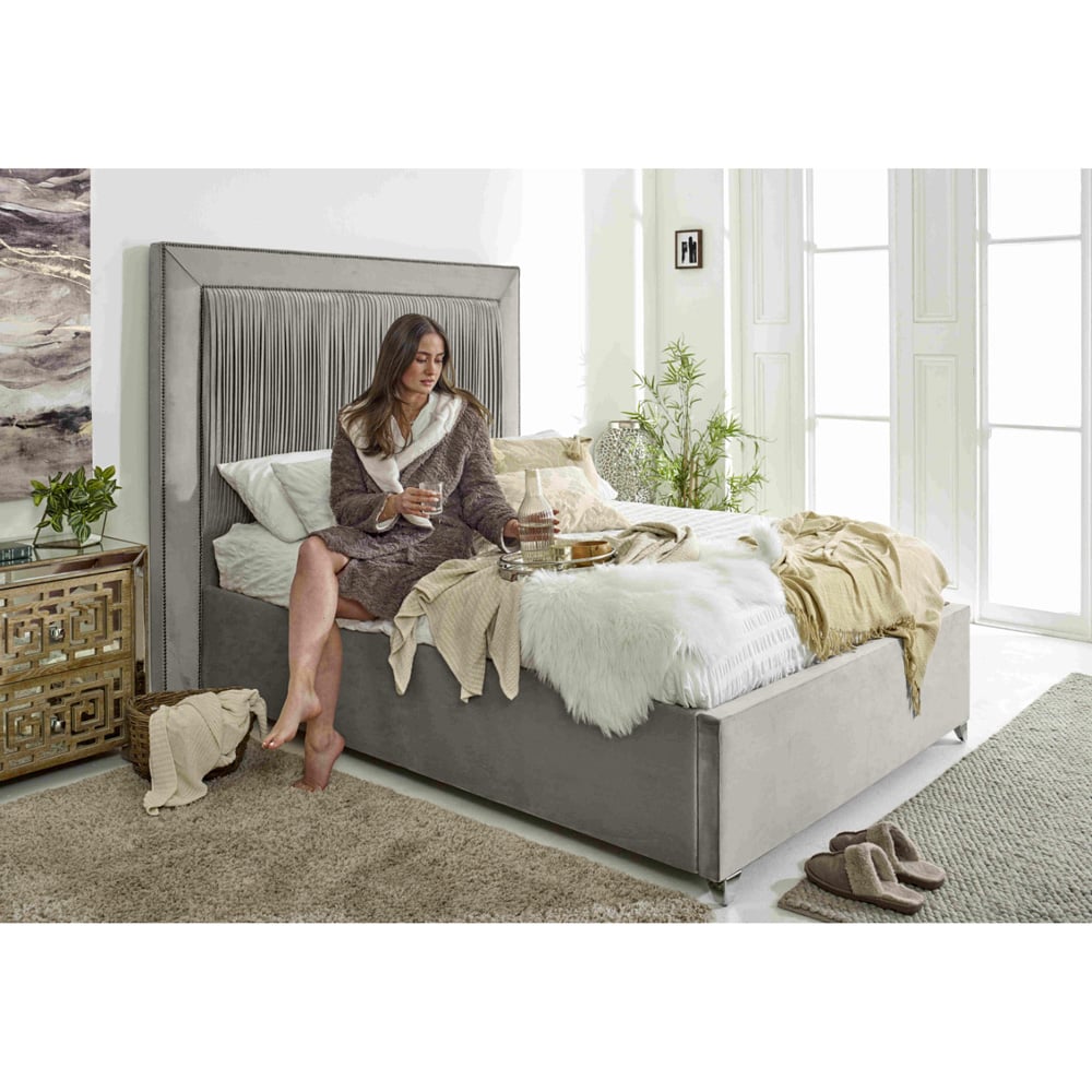 Eleganza Alexandra Small Double Silver Plush Velvet Bed Frame with Pleated Headboard Image 4