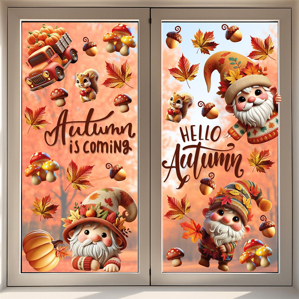Walplus Halloween 111 Piece Autumn Whimsical Gnomes Window Cling Set Image 6
