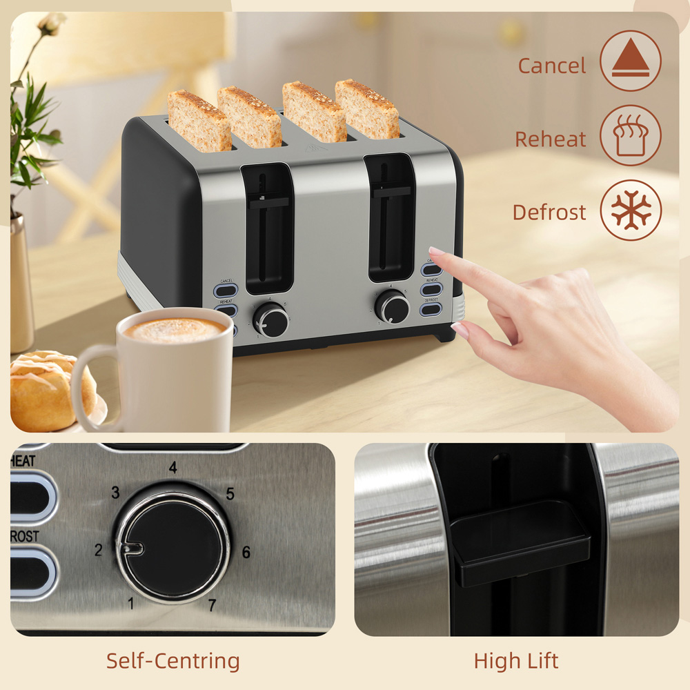 HOMCOM 800-267V70BK Black 1.7L Quick Boil Kettle 3000W and 4 Slice Toaster Set Image 6