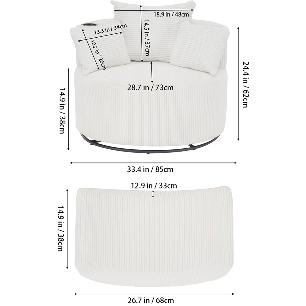 Living and Home White Corduroy Upholstered Swivel Sofa with Footstool and Cup Holder Image 9