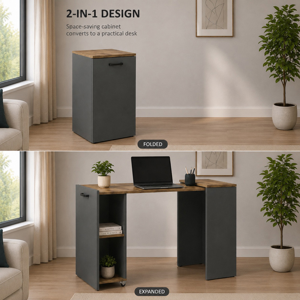 Shefa Line Flexi 2-in-1 2 Shelf Folding Computer Desk Graphite and Wotan Oak Image 7