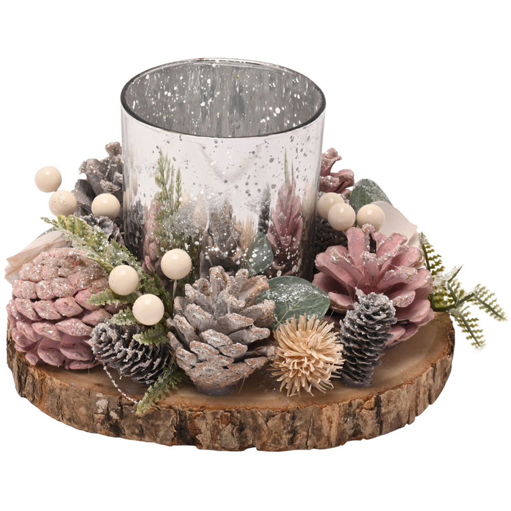 The Seasonal Gift Co. Blush Pink Foliage Mercury Glass Candle Holder with Log Slice Board Image 2