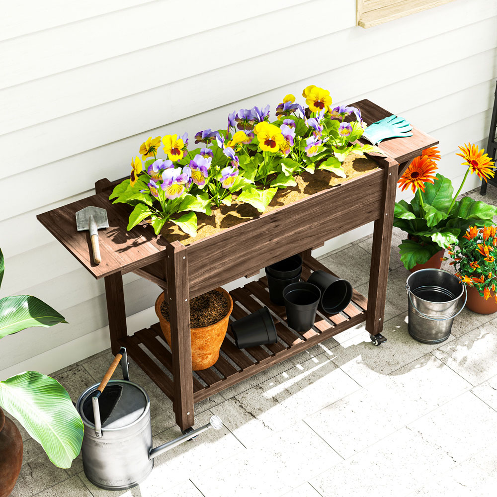 Outsunny Liner Carbonised Wooden Raised Planter with Lockable Wheels 1.7 x 4.7ft Image 3