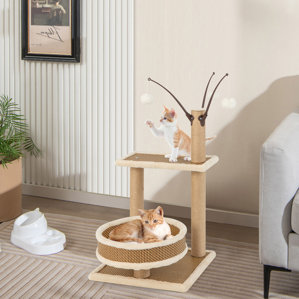 Costway Modern Cat Tower with Rattan Mat 80cm Image 2
