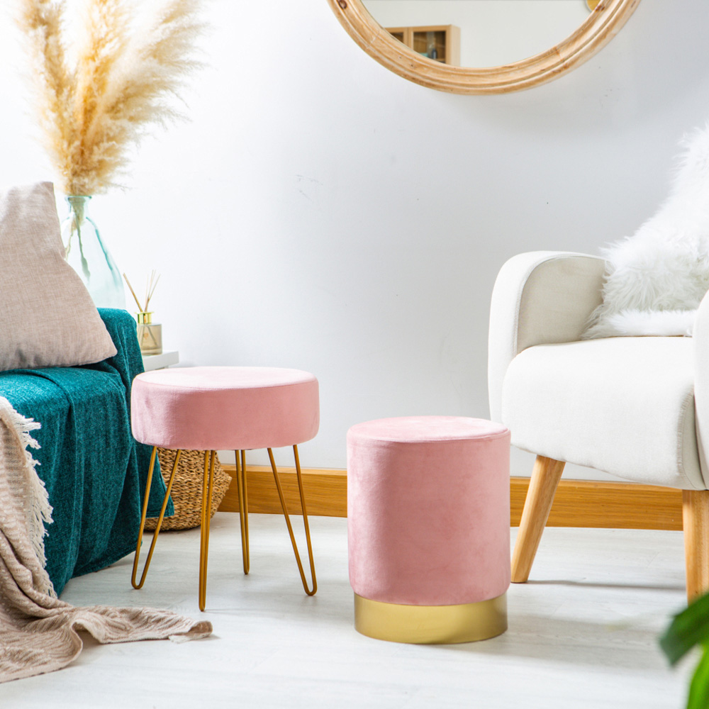 Harbour Housewares Pink Velvet Round Pouffe Image 6