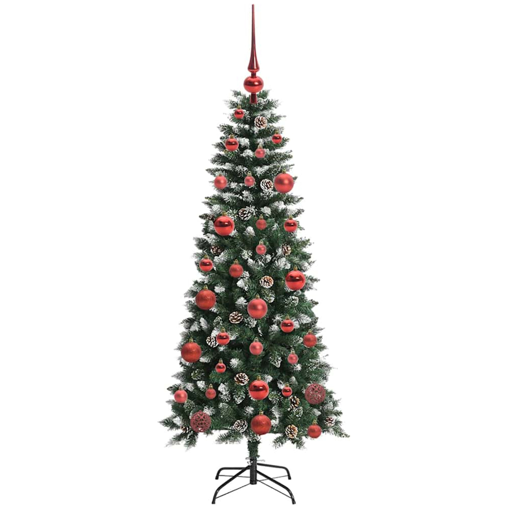 vidaXL Pre-Lit Red Baubles Green Artificial Snow Tipped Christmas Tree 5ft Image 4