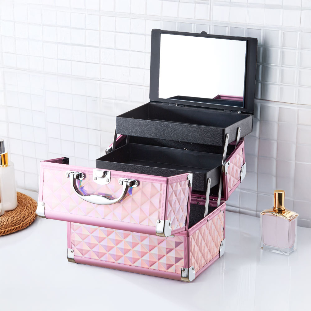 Living and Home Pink 2 Tray Professional Makeup Box with Mirror Image 2