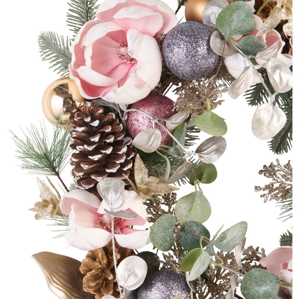 Christmas Wintery Foliage Blush Flower and Bauble Wreath Image 2