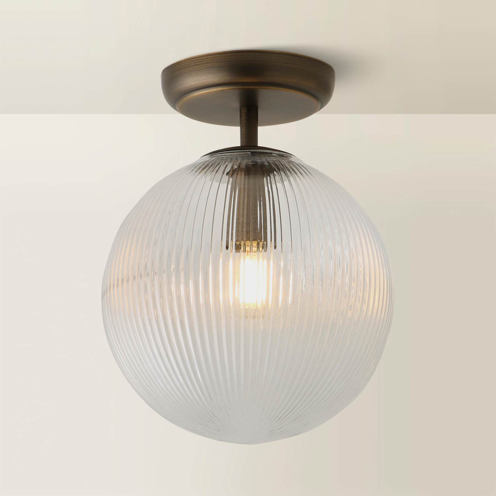 ValueLights Kempton Brushed Brass Ribbed Globe Shade Flush Ceiling Light with Bulb Image 5