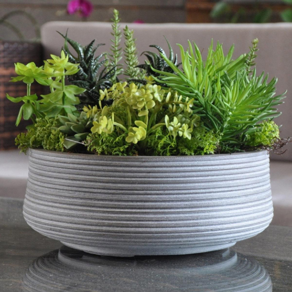 wilko Large Ribbed Stone Grey Light Fibrestone Outdoor Bowl Plant Pot 12cm Image 2