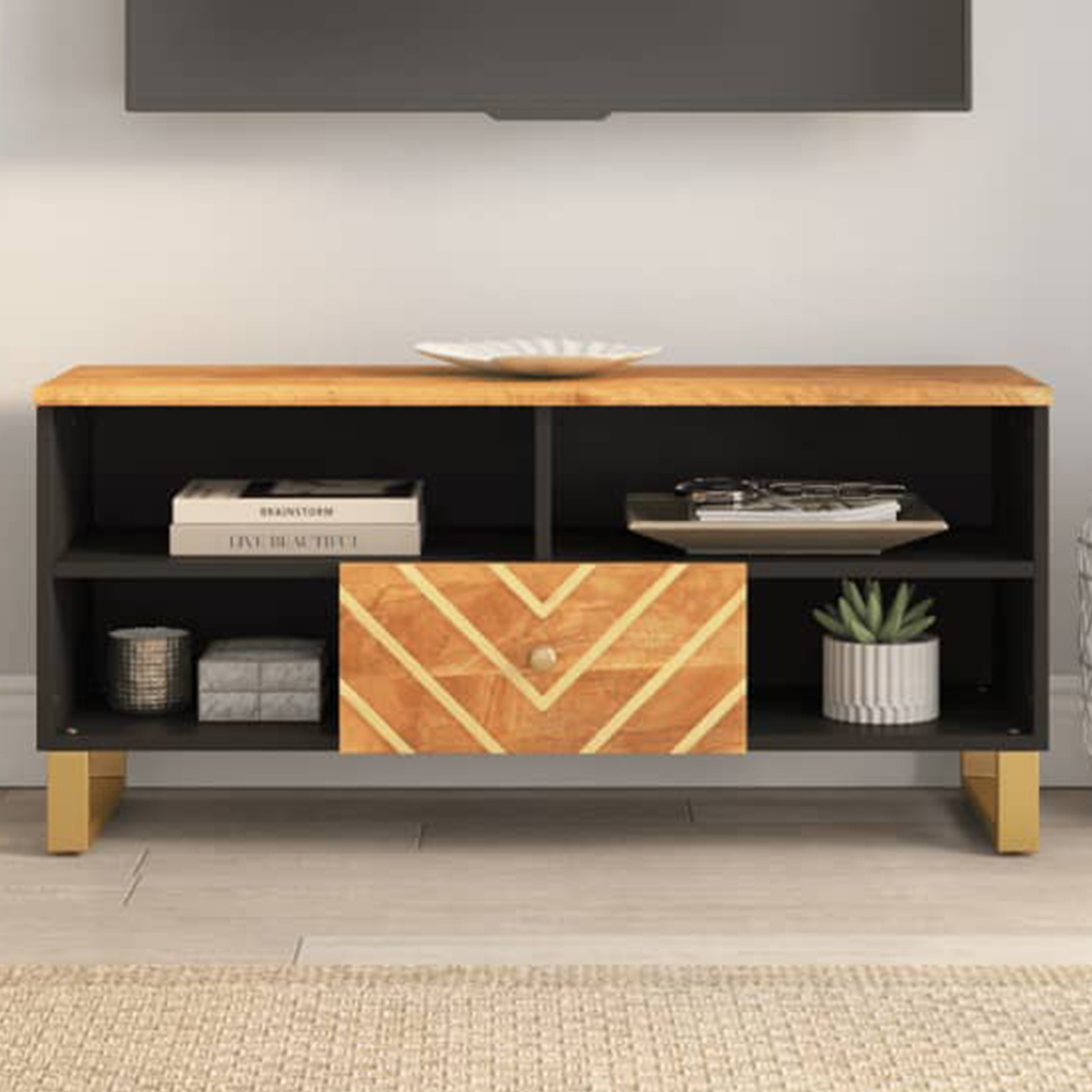 vidaXL Single Drawer 4 Shelf Brown and Black Solid Mango Wood TV Cabinet Image 1