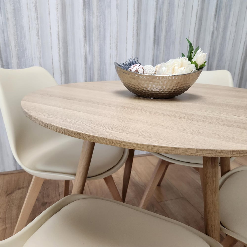 Portland 4 Seater Plastic and Leather Round Dining Set Wood Effect and Cream Image 2