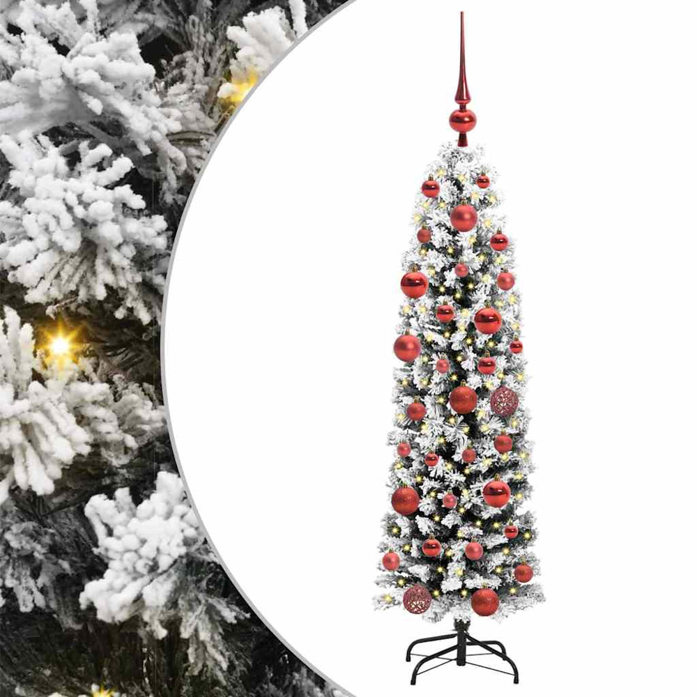 vidaXL Green Snow Flocked Artificial Christmas Tree with LEDs Red Decoration Ornaments 5ft Image 2