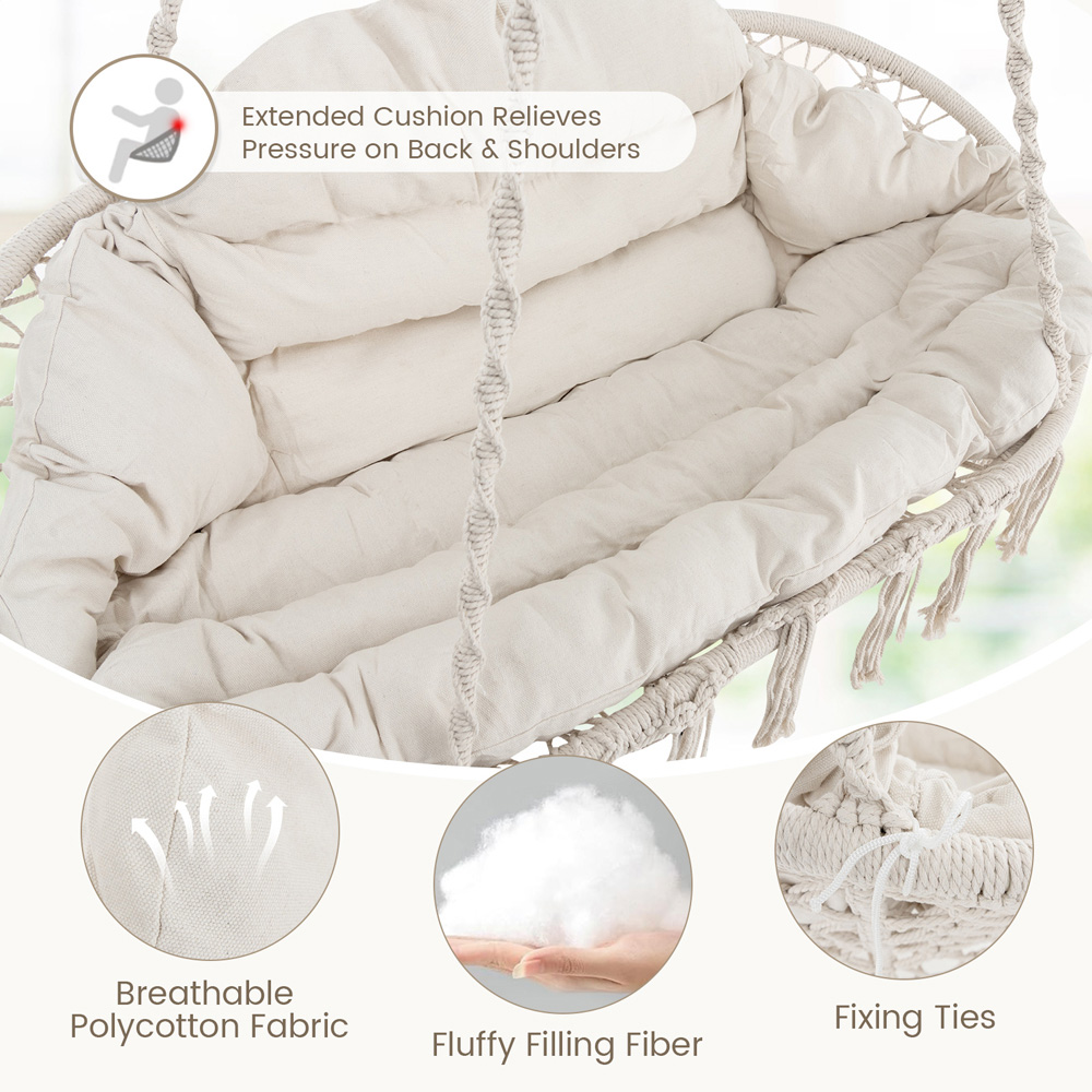 Costway Beige Hand Woven Rope Hanging Chair with Thick Cushion Image 7