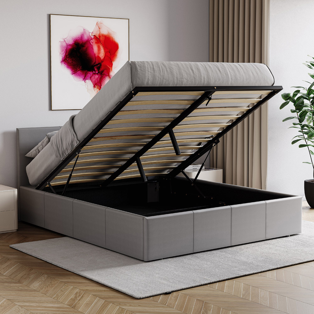 VIDA DESIGNS Lisbon King Size Grey Faux Leather Ottoman Bed with Gel Memory Foam Mattress Image 4