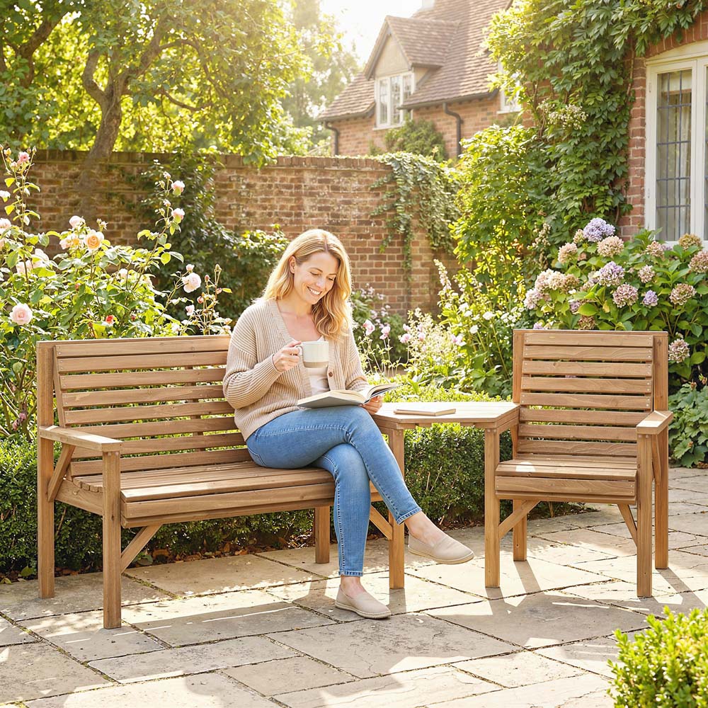 Outsunny 3 Seater Natural Wooden Garden Bistro Set with Parasol Hole Image 3
