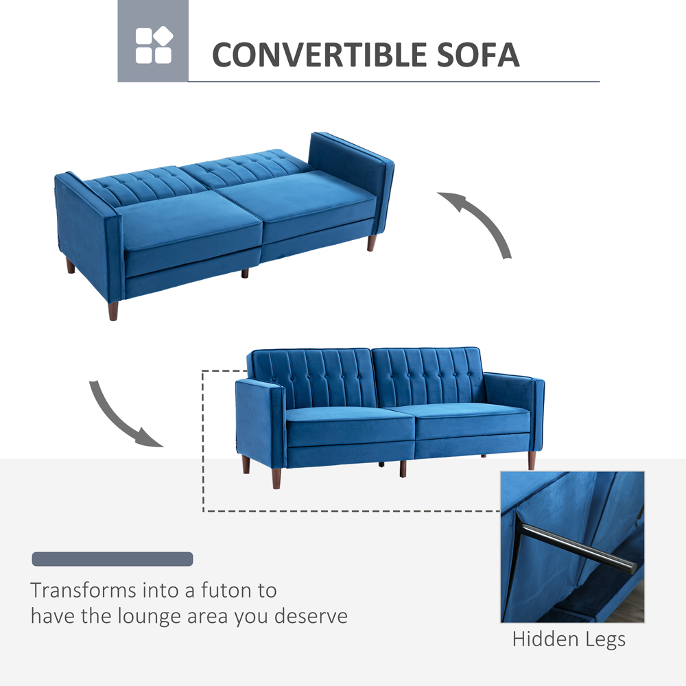 HOMCOM 3 Seater Blue Velvet Button Tufted Sofa Bed Image 5