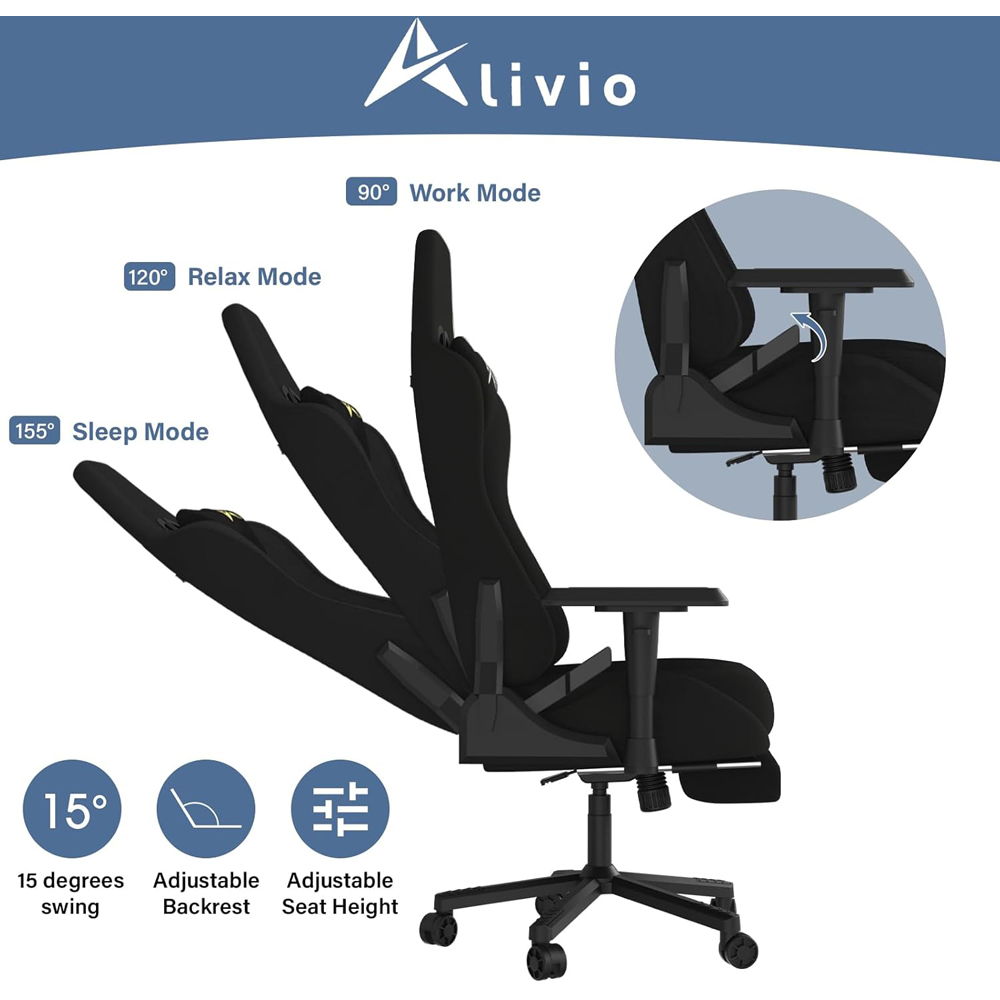Alivio Black Velvet Reclining Gaming Chair with Lumbar and Headrest Support Image 8