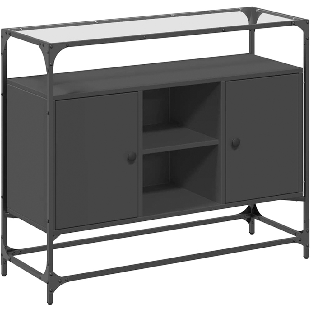 vidaXL 2 Door 3 Shelf Black Glass Top Oak Sideboard Image 2