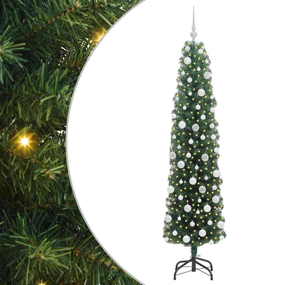 vidaXL Green Artificial Christmas Tree with LEDs White Decoration Ornaments 6ft Image 2