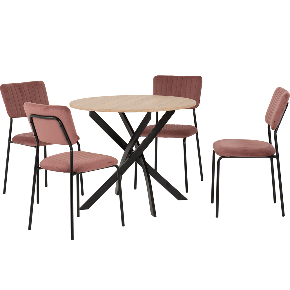 Seconique Sheldon Velvet Fabric 4 Seater Round Dining Set Sonoma Oak Effect Black and Pink Image 2