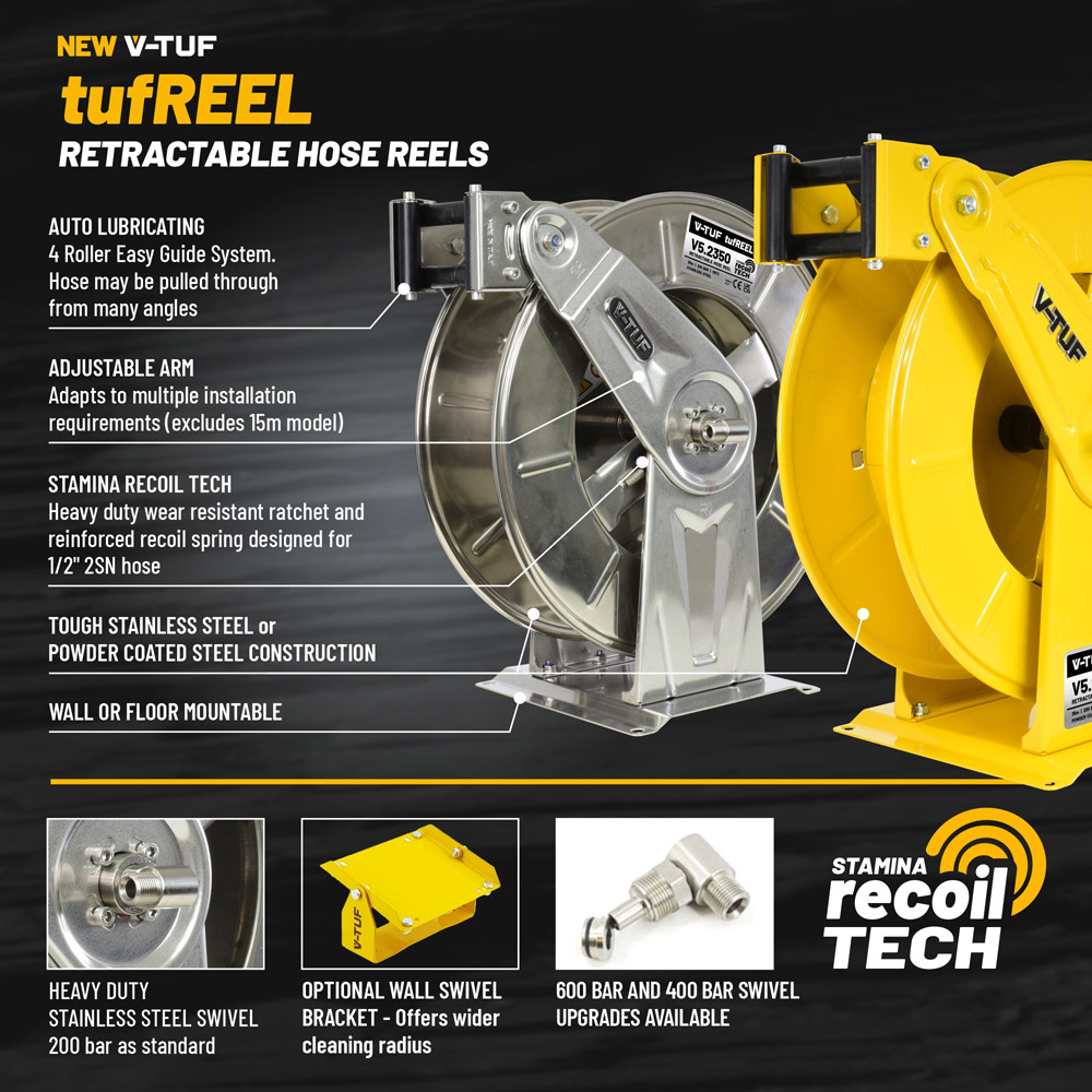 V-TUF Retractable Powder Coated Steel tufREEL and Black Washflex Hose MSQ Kit 20m Image 3