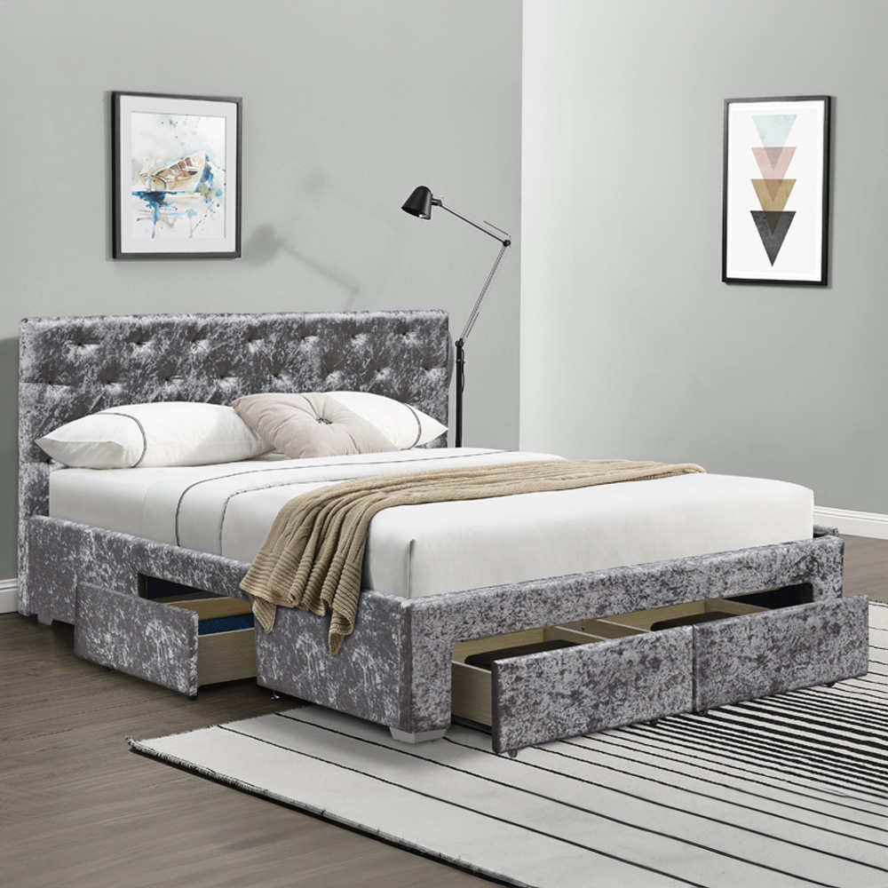 Brooklyn King Size Silver Crushed Velvet 4 Drawer Bed Frame with