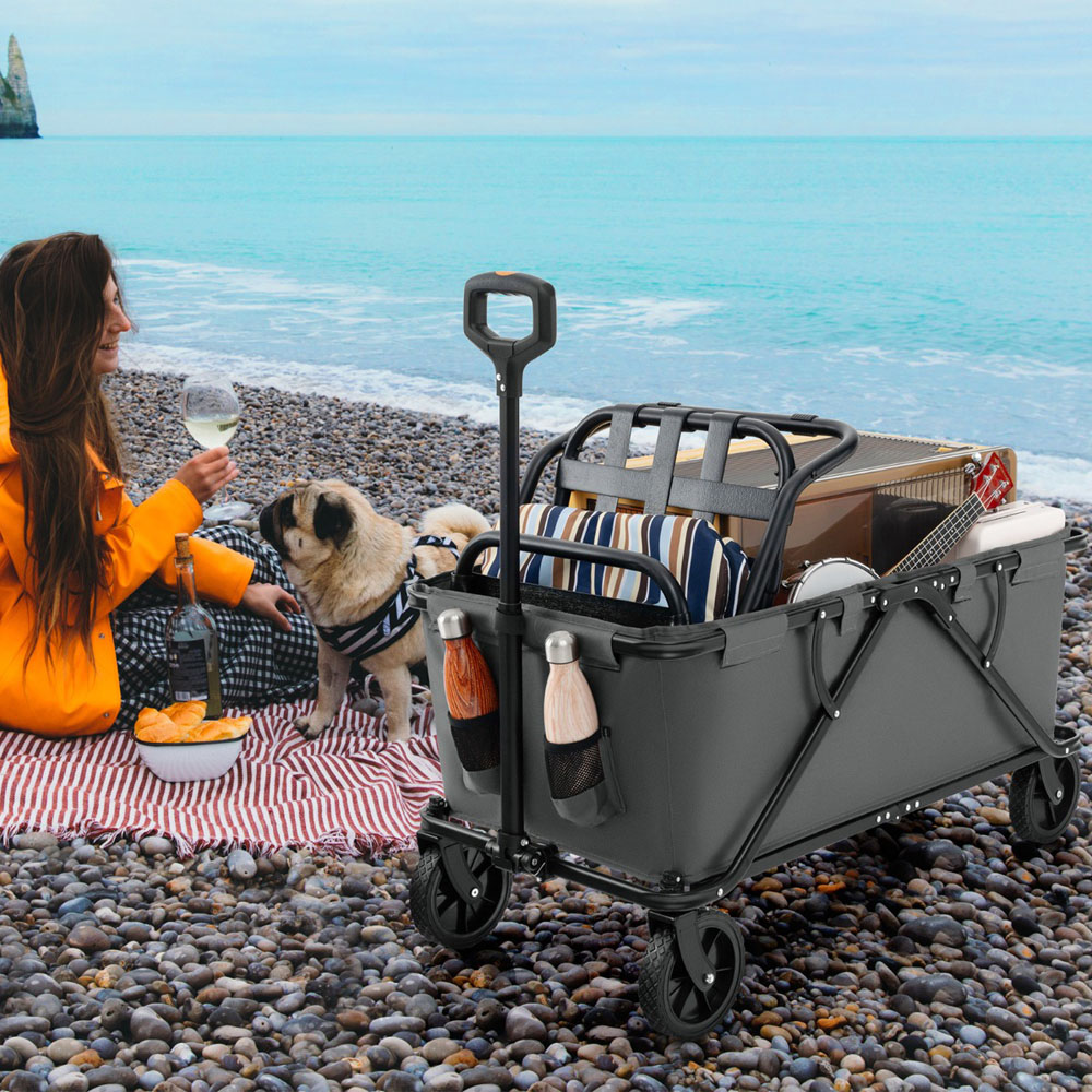 Costway Grey Collapsible Foldable Wagon Cart with Adjustable Handlebar Image 2
