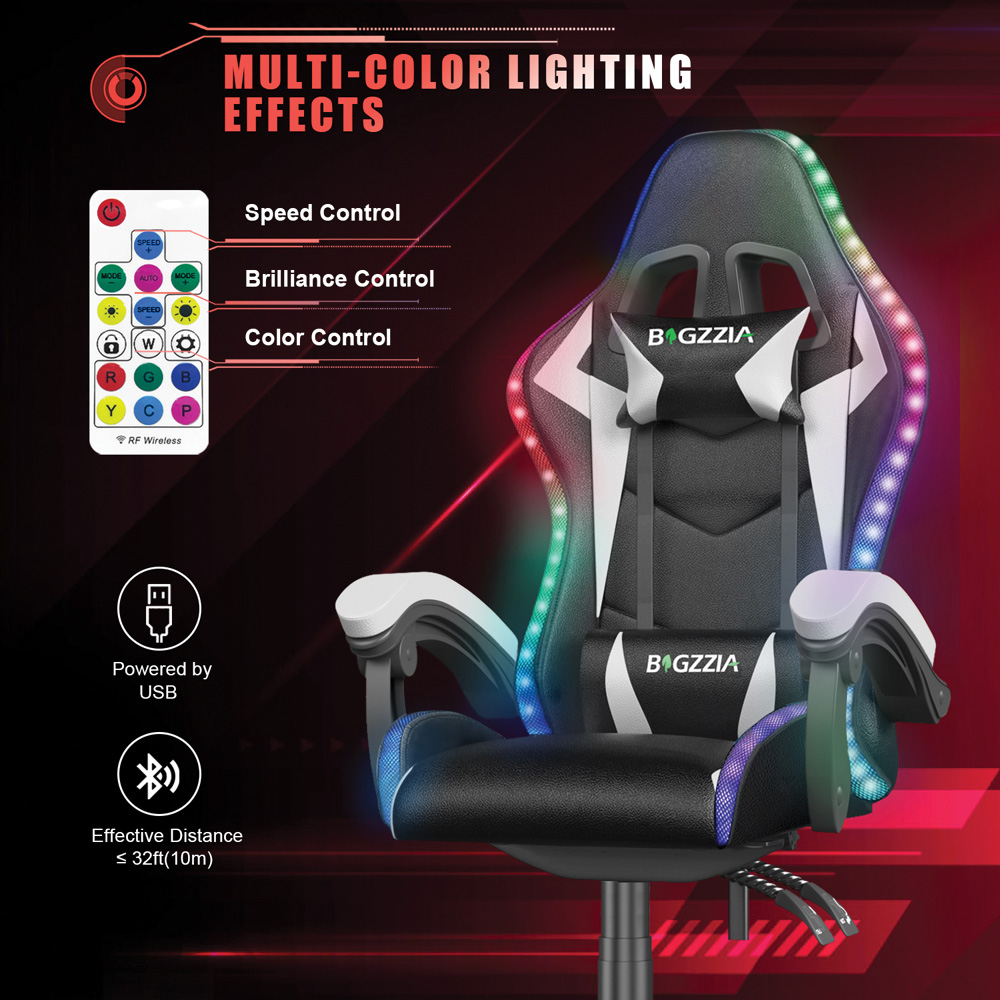 Rattrix White Height Adjustable Lumbar Backrest Gaming Chair with Headrest and LED Light Image 6