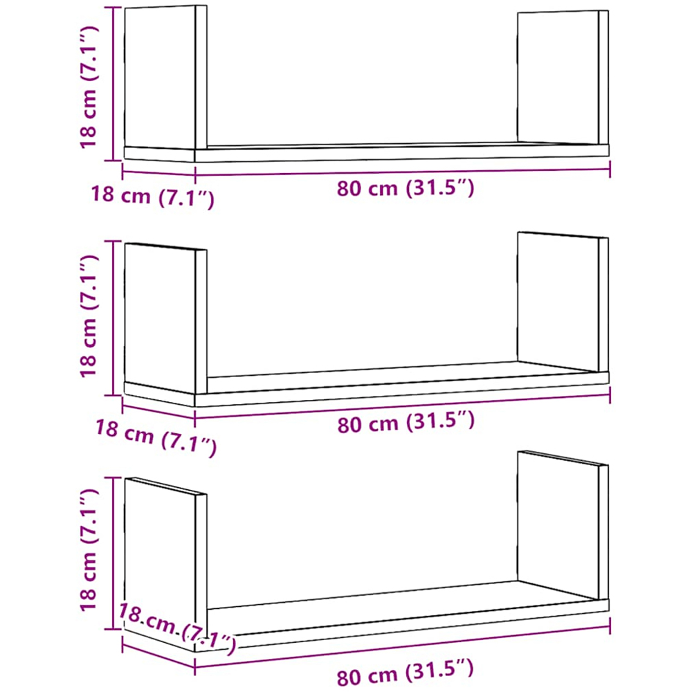 vidaXL 80cm Set of 3 Artesian Oak Floating Wall Shelf Image 9
