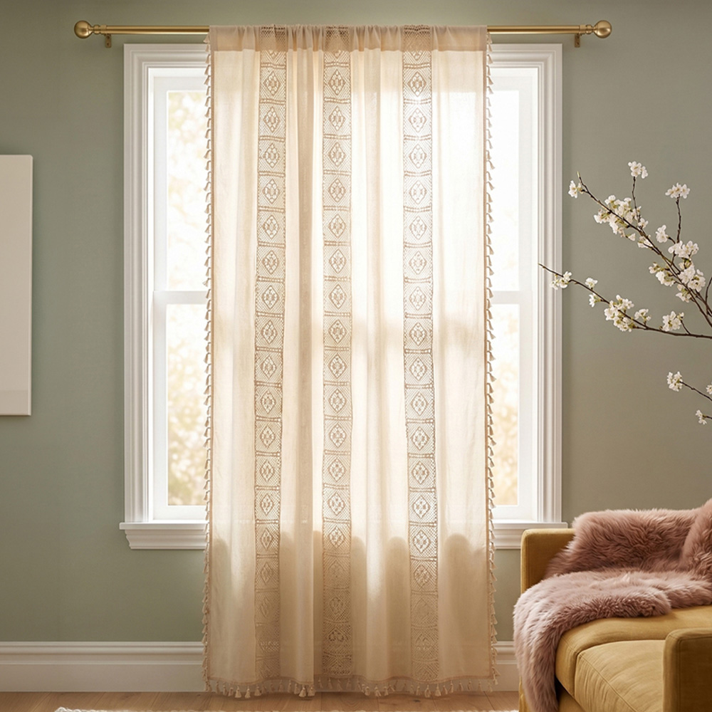 Living and Home Beige Bohemian Semi Sheer Diamond Pattern Curtain 200 x 150cm Image 1