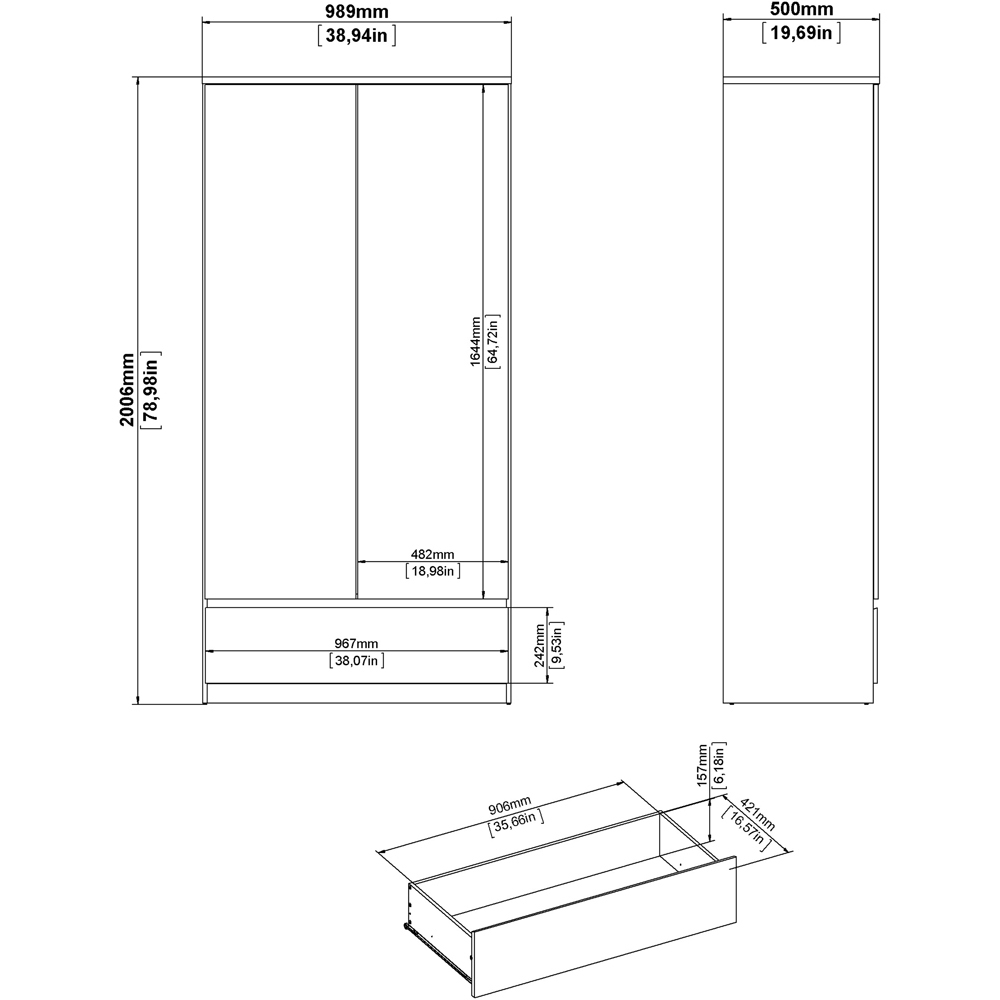 Florence 2 Door Single Drawer White High Gloss Wardrobe Image 9