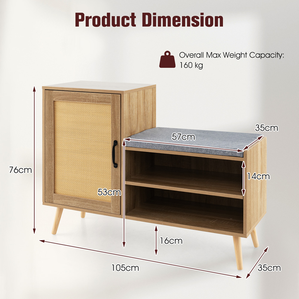 Costway Single Door 2 Shelf Natural Rattan Shoe Cabinet Bench Image 9