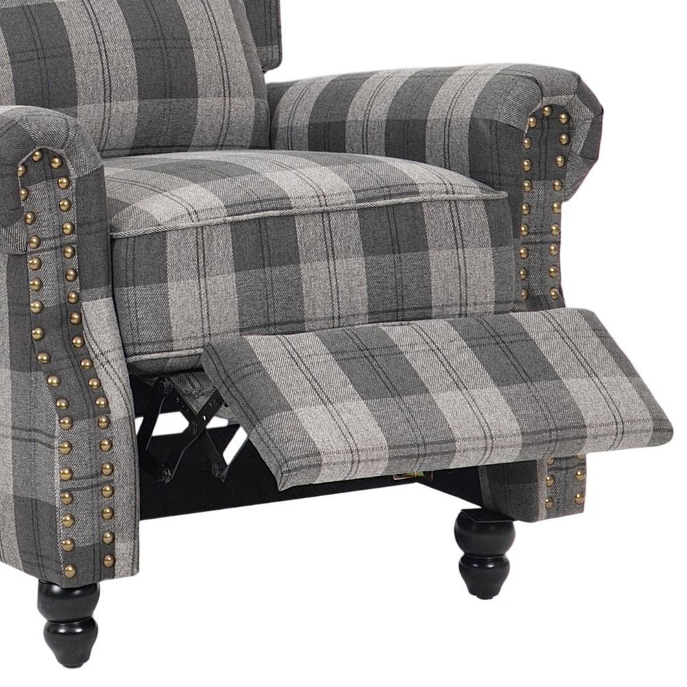Living and Home Grey and Black Plaid Pattern Linen Pushback Recliner Armchair Image 3