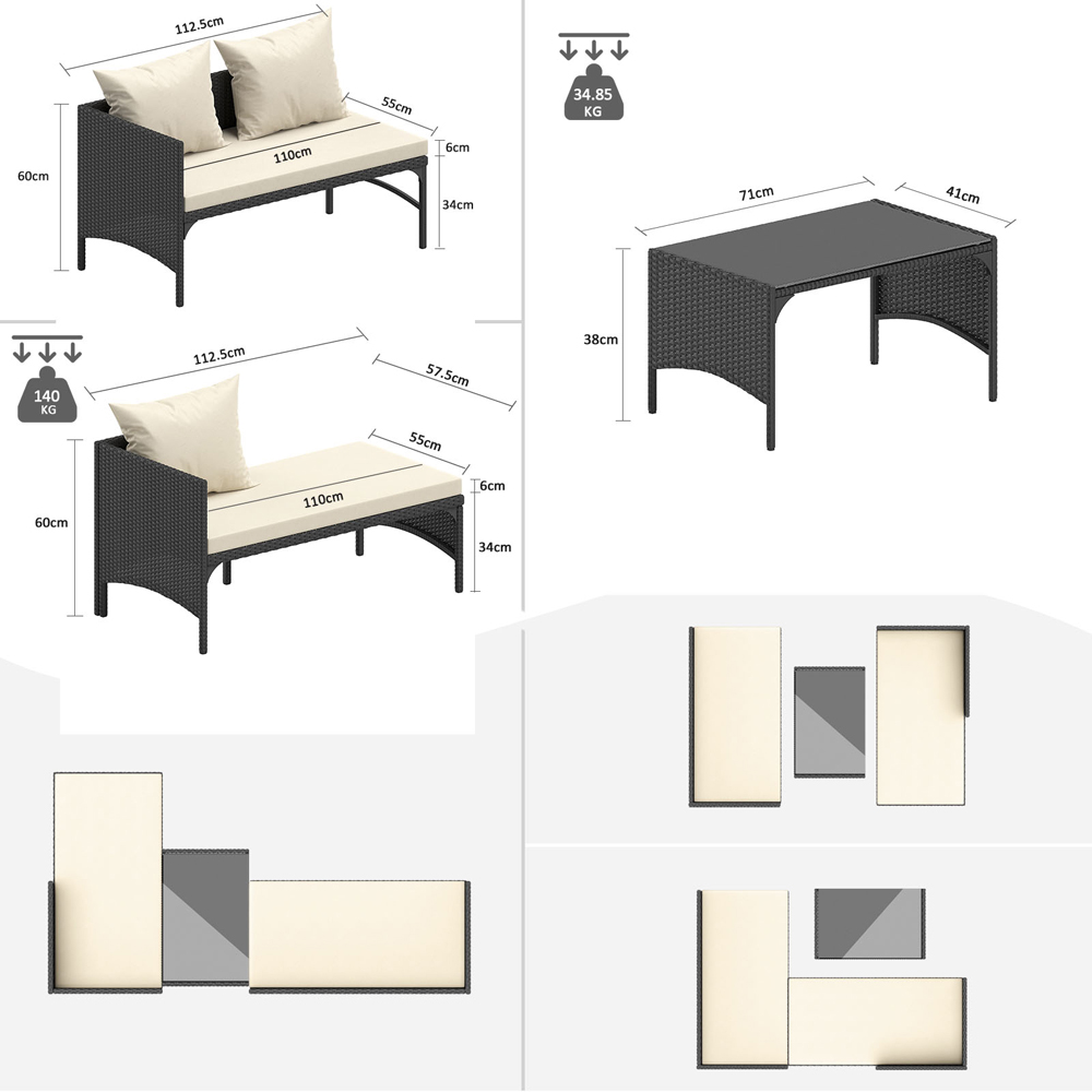 Rattrix 3 Seater Black Rattan Garden Chaise Conversation Set with Cushion Image 8