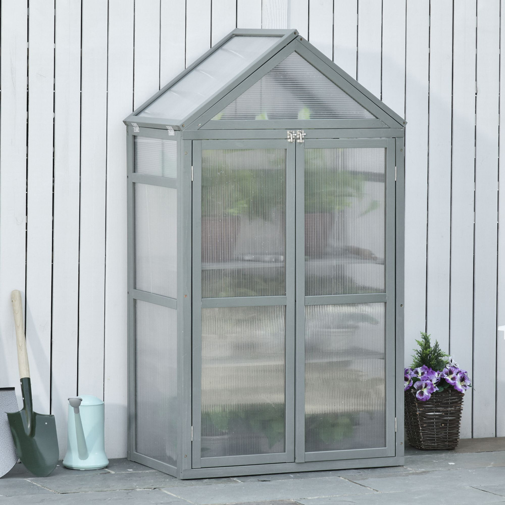 Outsunny 3 Shelf Grey Wooden Polycarbonate 2.6 x 1.5ft Cold Frame Greenhouse Image 3