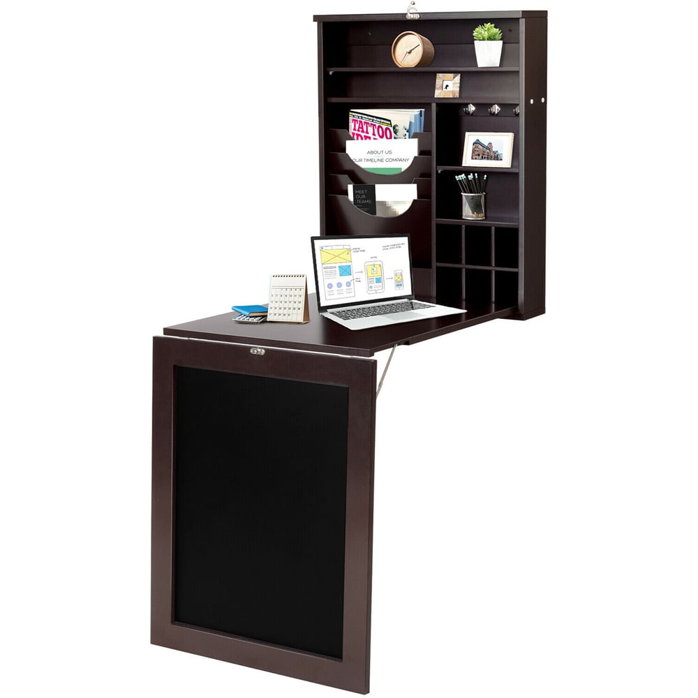 Costway 10 Shelf Wall Mounted Drop Leaf Foldable Desk Brown Image 2