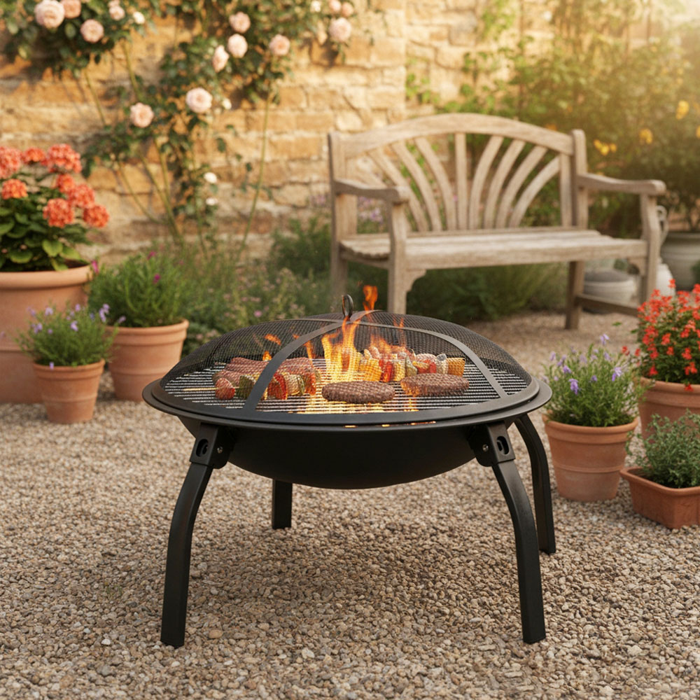 Living and Home Wood Burning Garden Fire Pit with Mesh Screen and Grill Grate Image 6