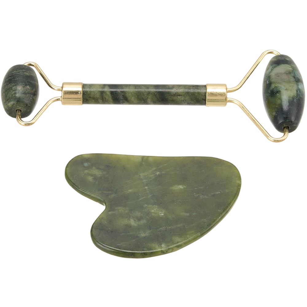 Living and Home Dark Green Facial Massage Gua Sha and Jade Roller Set Image 1