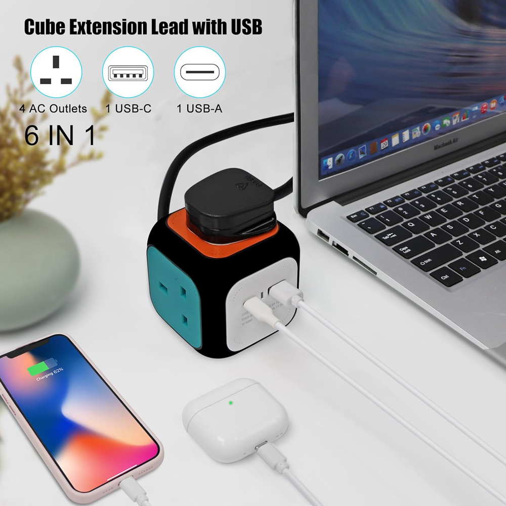 ExtraStar Rubik Cube Style 1.5m 4 Socket Black Extension Lead with USB Port and Type C Port Image 3