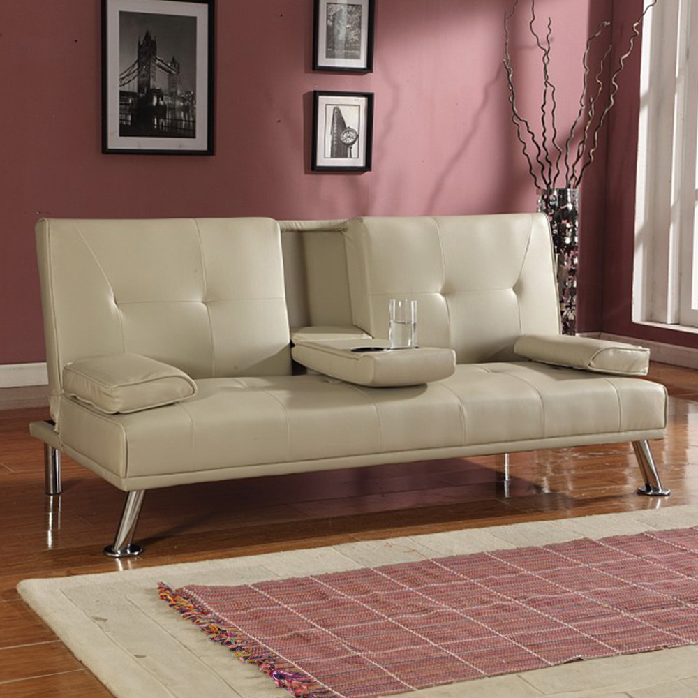 Brooklyn 2 Seater Cream Faux Leather Italian Sofa Bed with Cup Holder Image 1