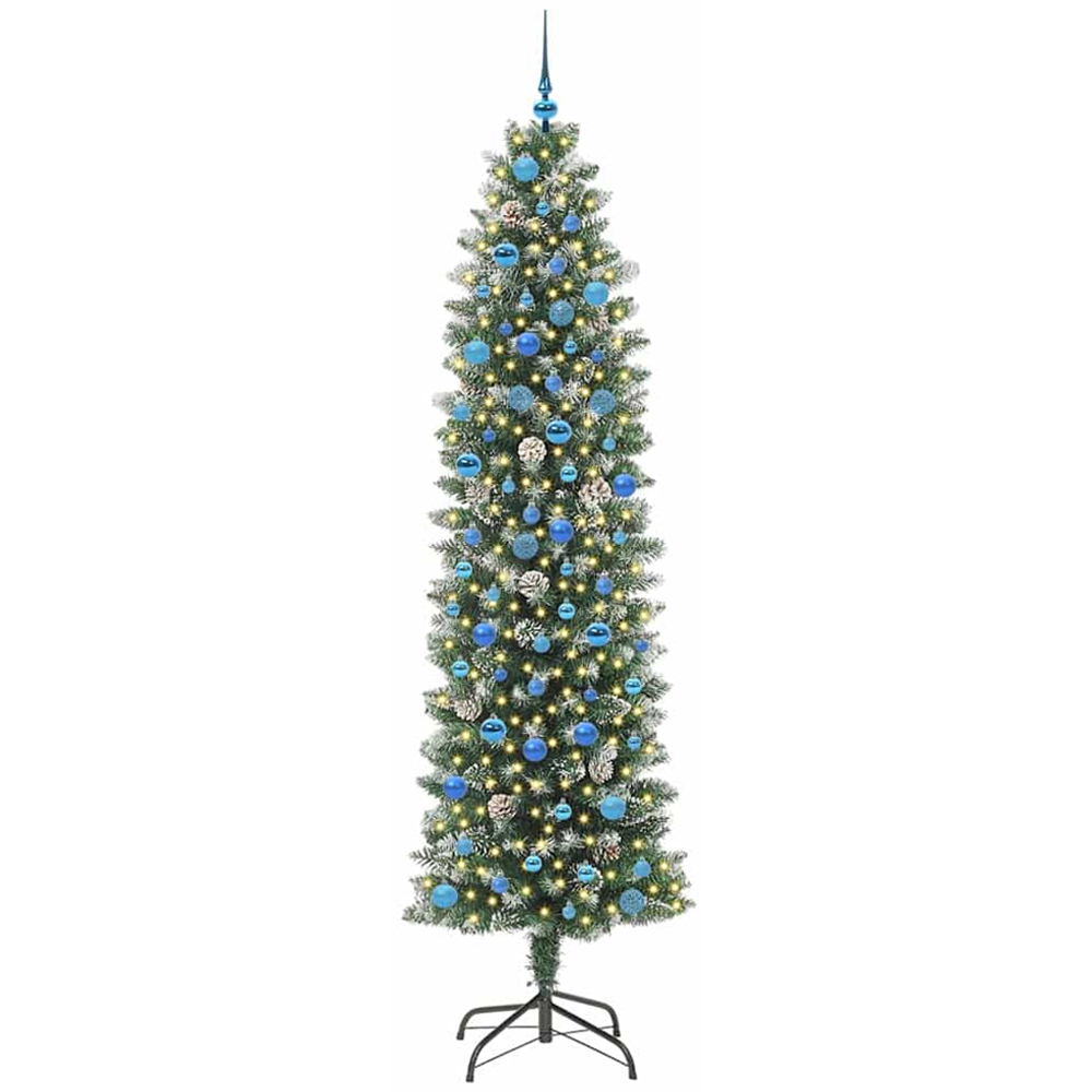 vidaXL Pre-Lit Warm White LED and Blue Baubles Green Slim Artificial Christmas Tree 8ft Image 3