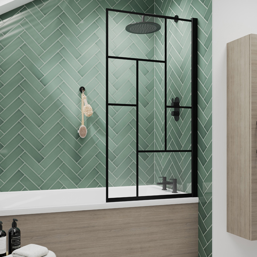 nuie Matt Black Abstract Square Shower Bath Screen 785mm Image 2