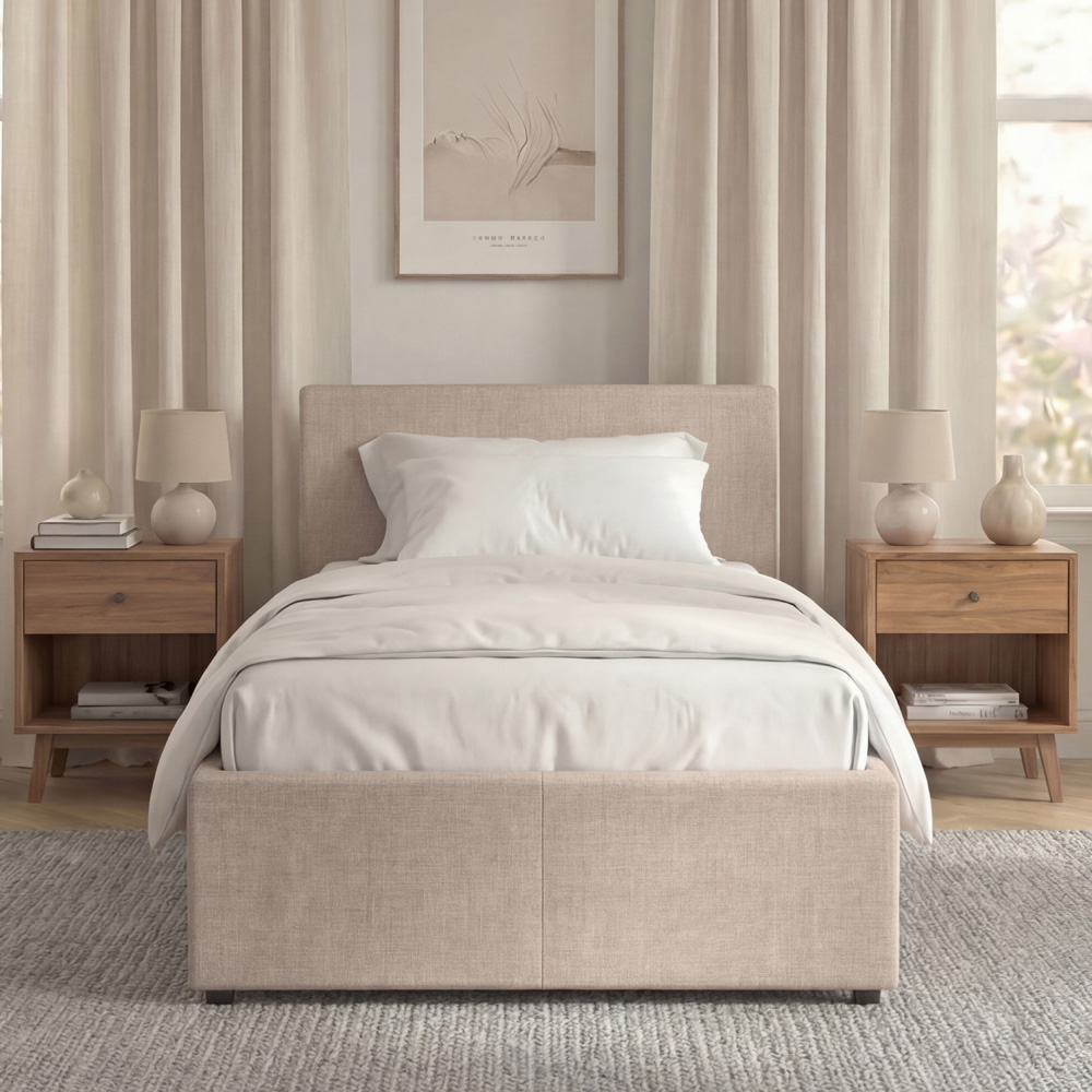 VIDA DESIGNS Veronica Single Beige Linen Ottoman Bed with Padded Headboard Image 3