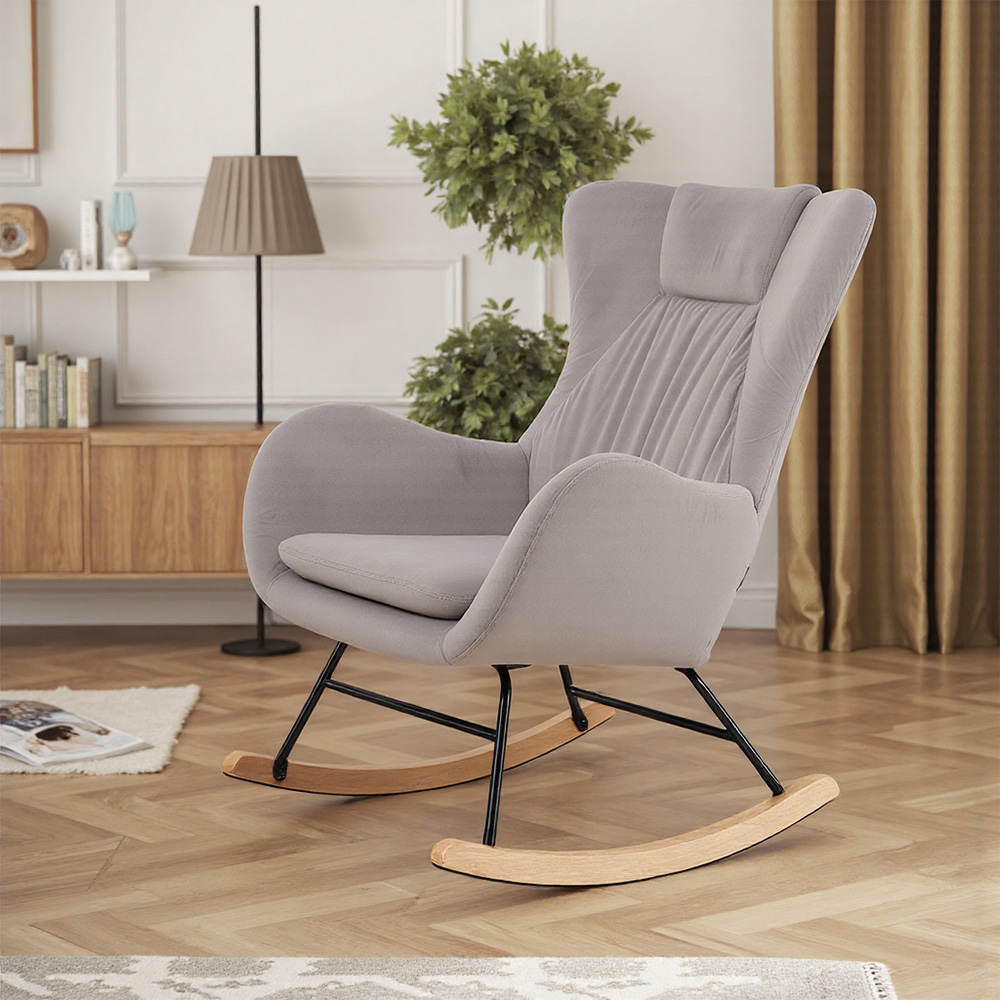 Living and Home Grey Velvet Upholstered Rocking Chair Image 7