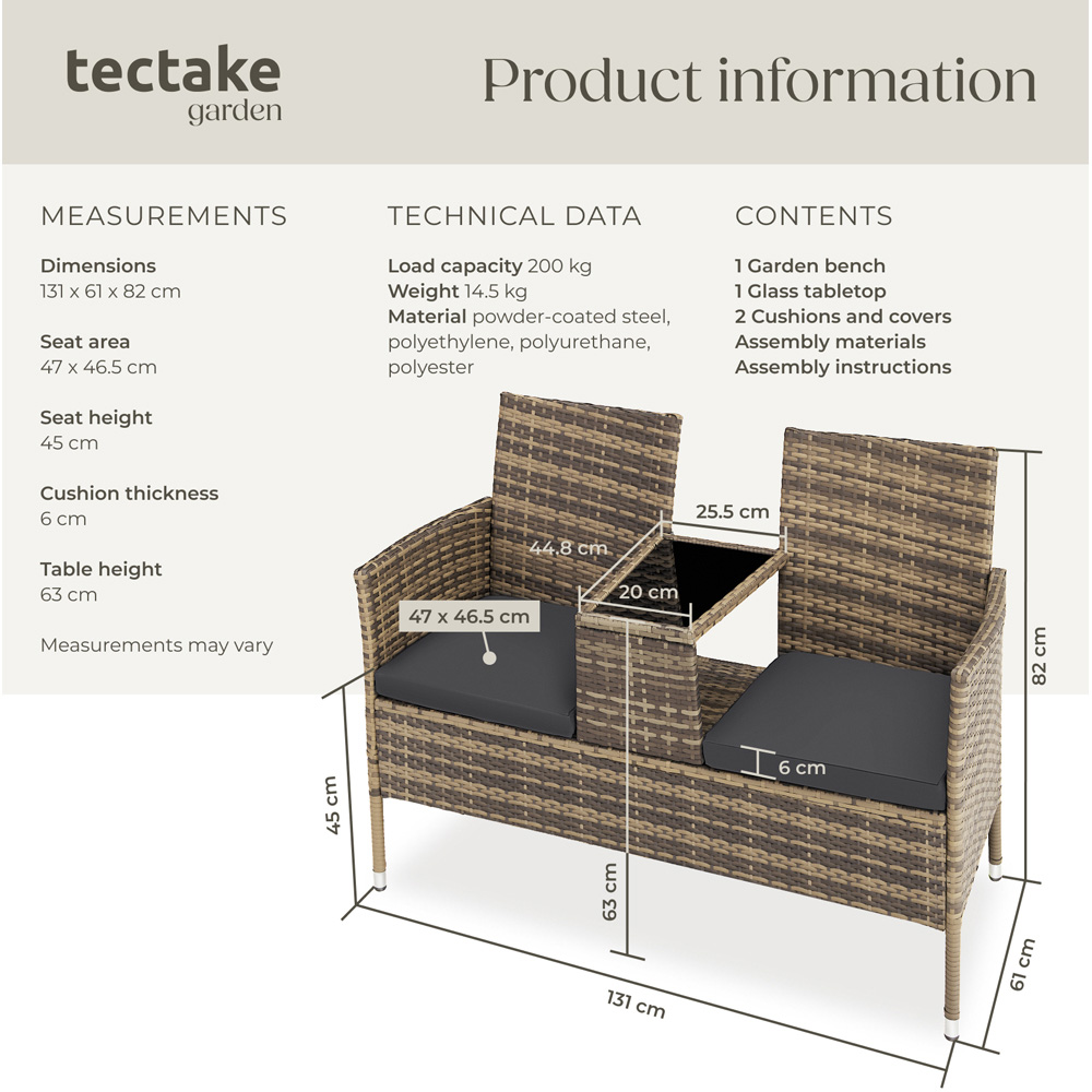 tectake Narbonne 2 Seater Nature and Dark Grey Garden Bench Image 9
